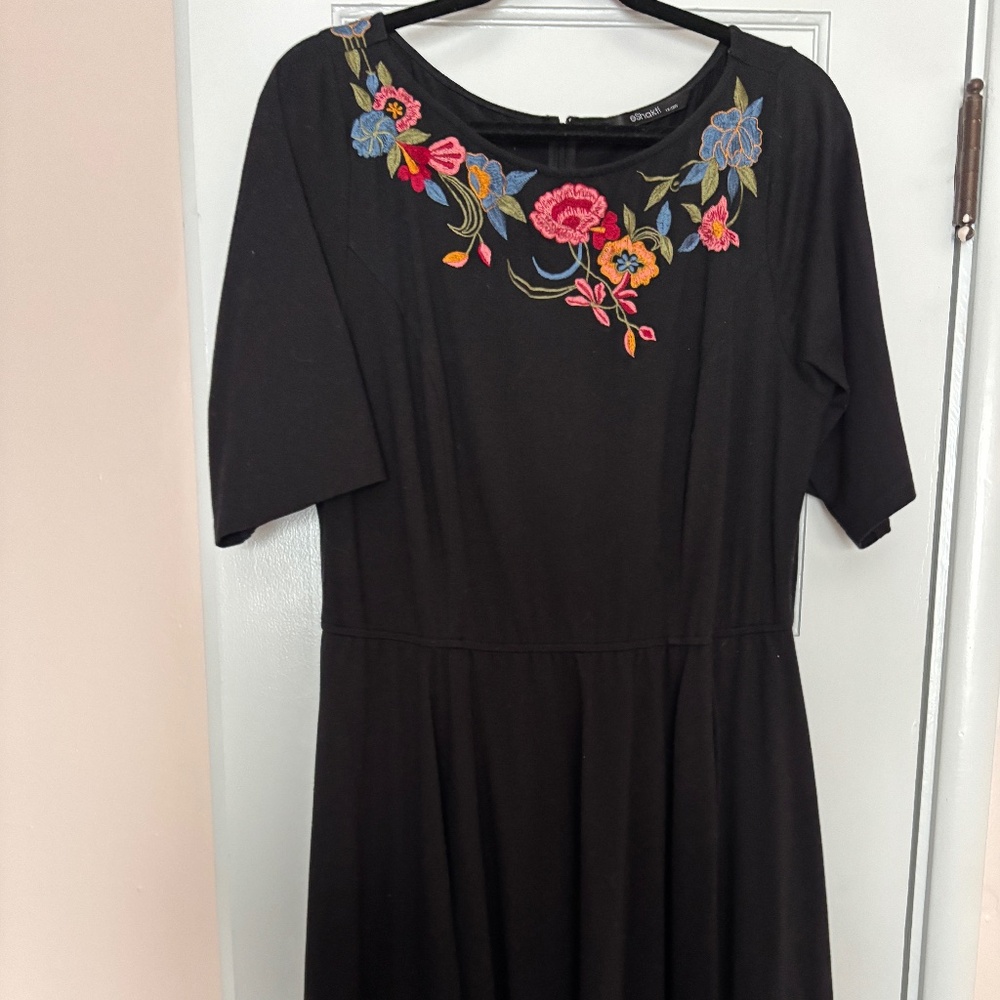 Black Flare Midi Dress with Beautiful Embroidery